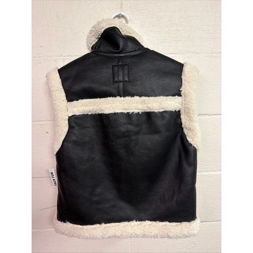 Black Faux Leather Aviator Vest Cream Faux Shearling grunge goth‎ cozy concert